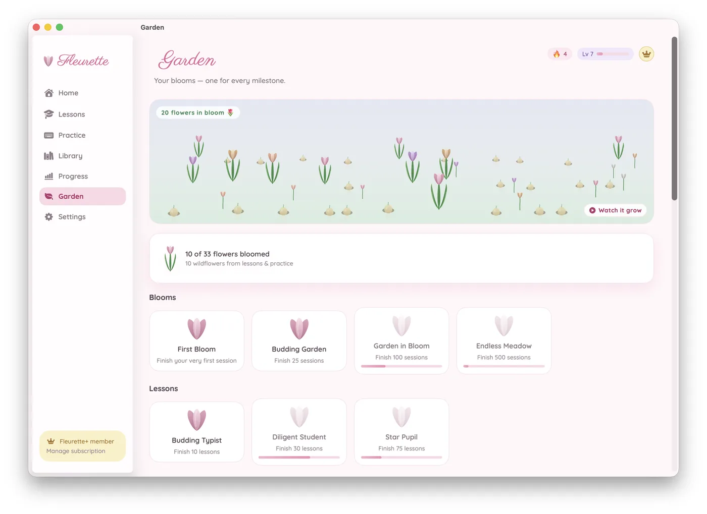 Fleurette Garden screen — tulips blooming across a meadow, one for each achievement milestone, with progress toward the next bloom.