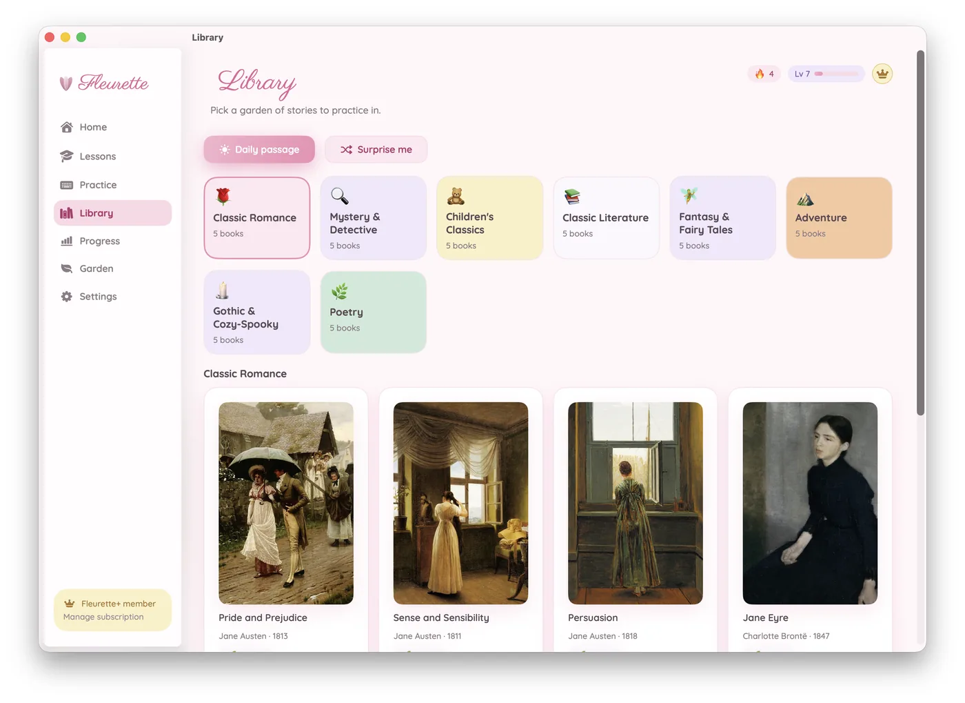 Fleurette Library screen — a grid of pastel genre gardens above classic novel covers like Pride and Prejudice and Jane Eyre.