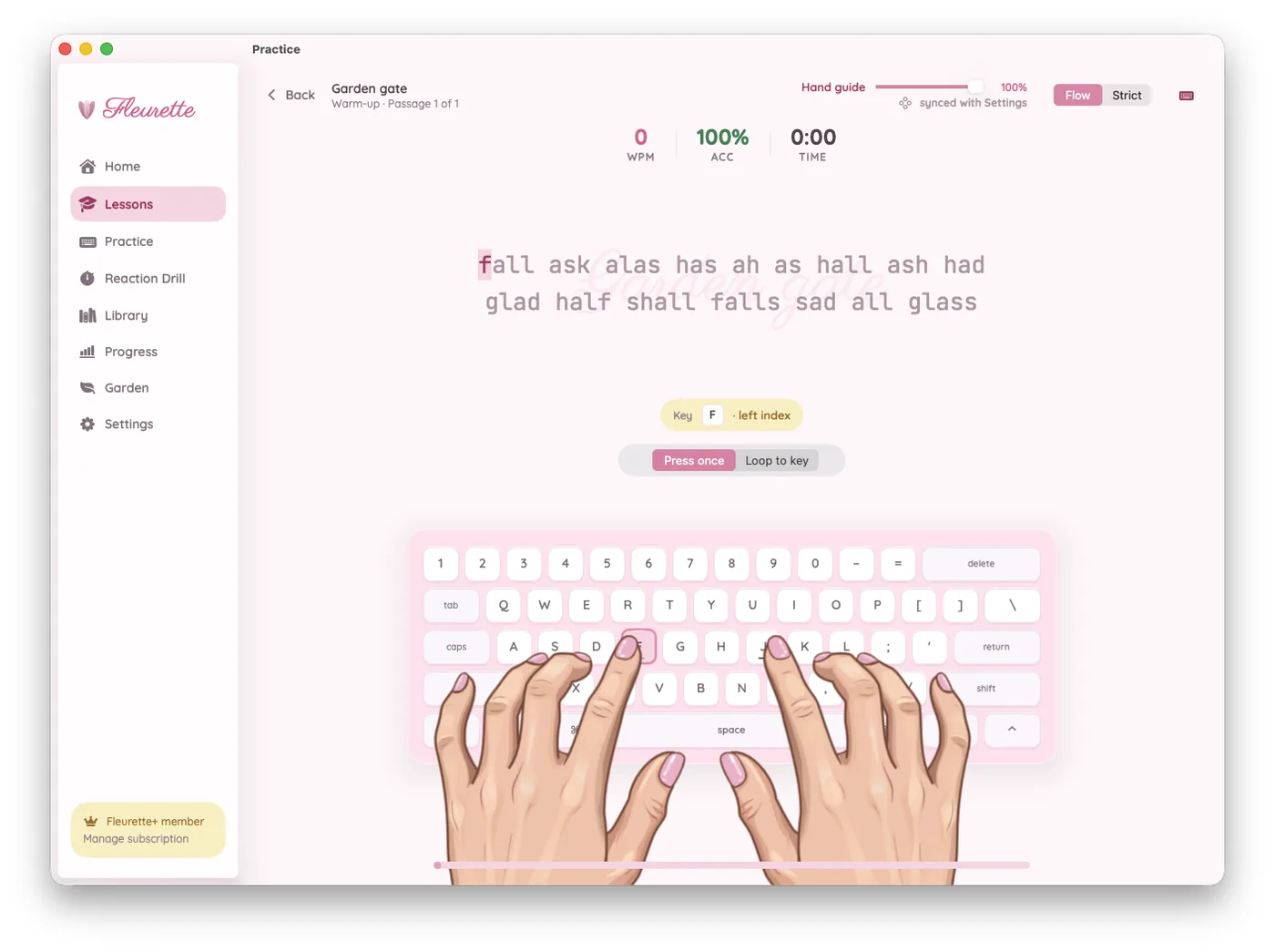 Fleurette Practice screen on Mac — a warm-up passage with live WPM and accuracy above an on-screen keyboard and illustrated hands showing finger positions.