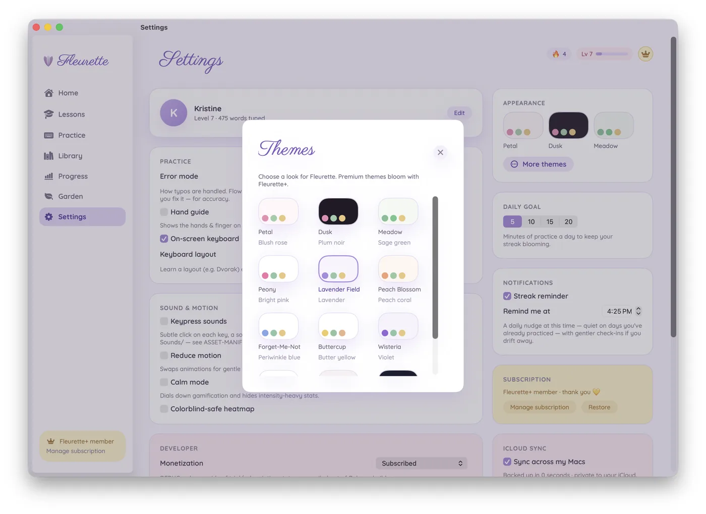 Fleurette Settings with the Themes picker open — twelve pastel themes including Petal, Dusk, Peony, Meadow and Lavender Field.